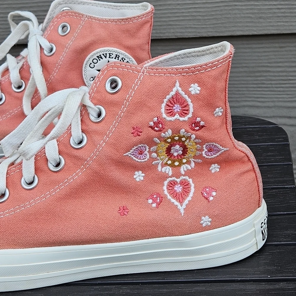 Converse Hi Top Shoes Heart & Floral Embroidery Bright Madder Pink A02203C 9.5 - Picture 2 of 15